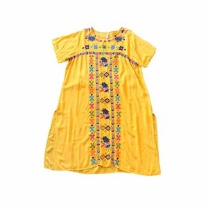 Yellow Puebla Embroidered Boho Midi Dress - Size 3X